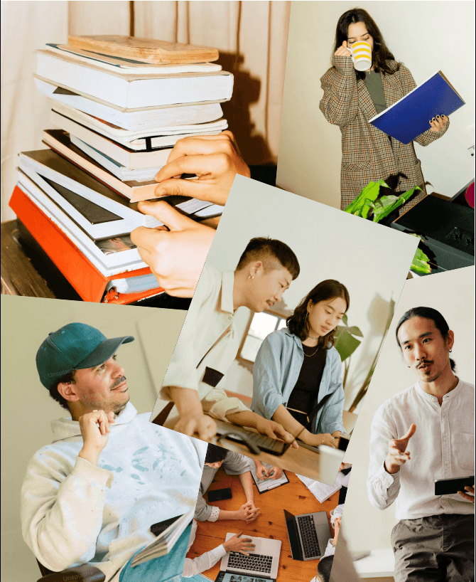 A collage of people reading, collaborating, and working in relaxed spaces.